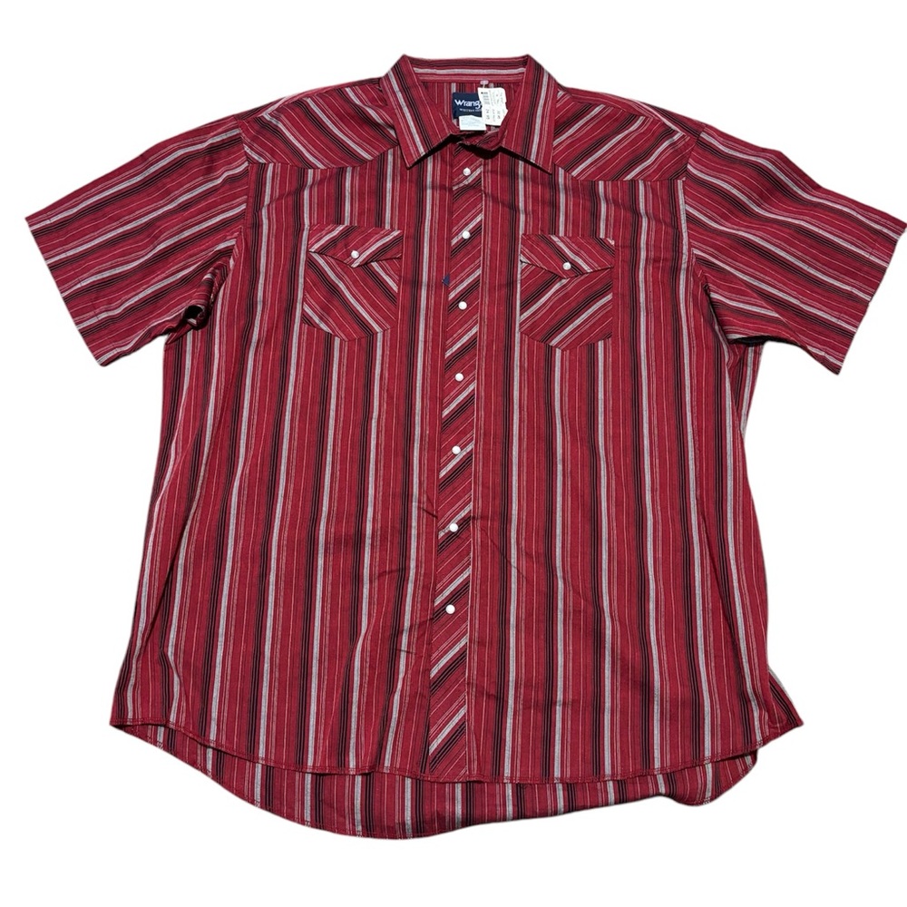 Wrangler Red Striped Men's Short Shirt Pearl Snap Shirt 19 Tall In Size